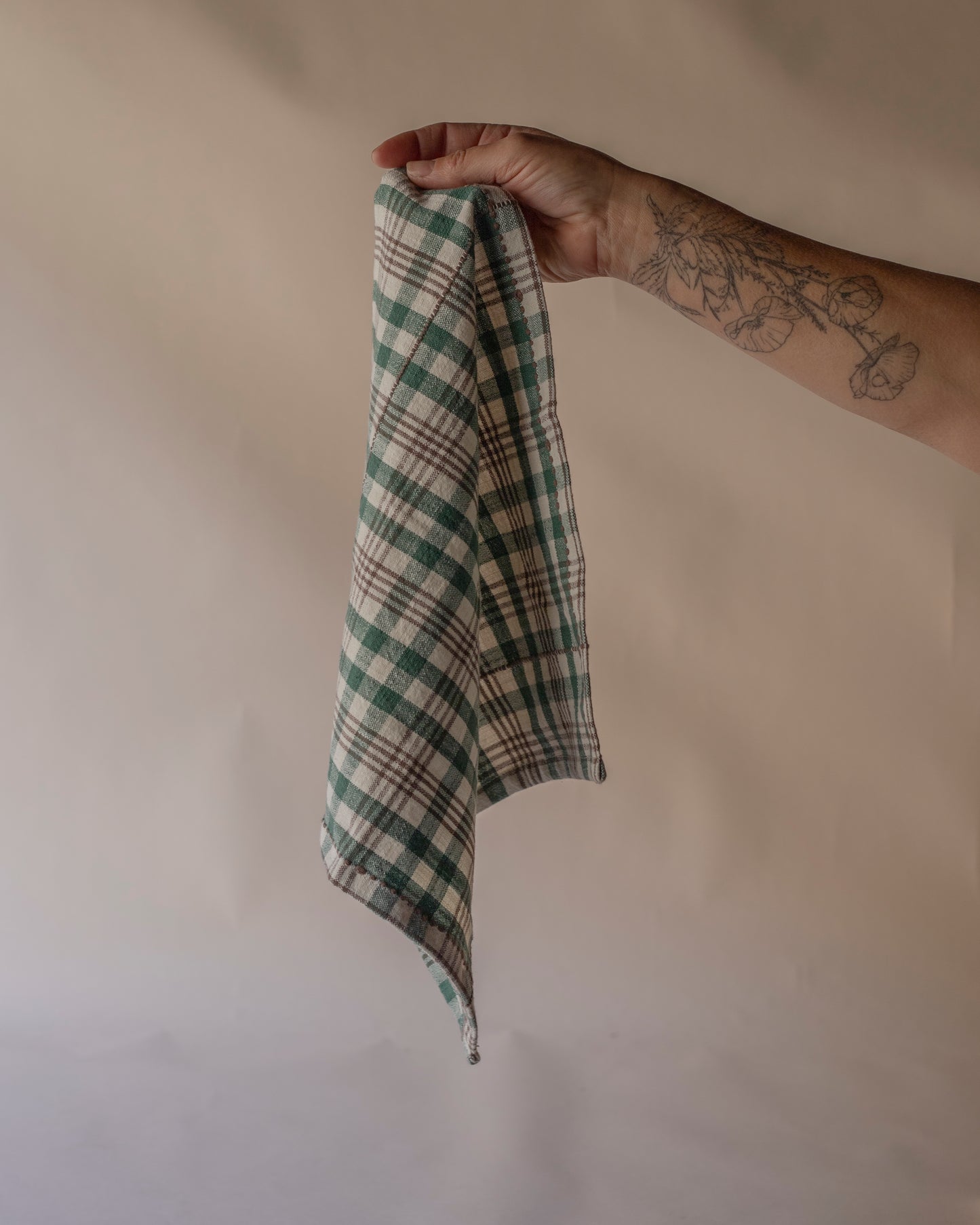 Green & off white check napkins