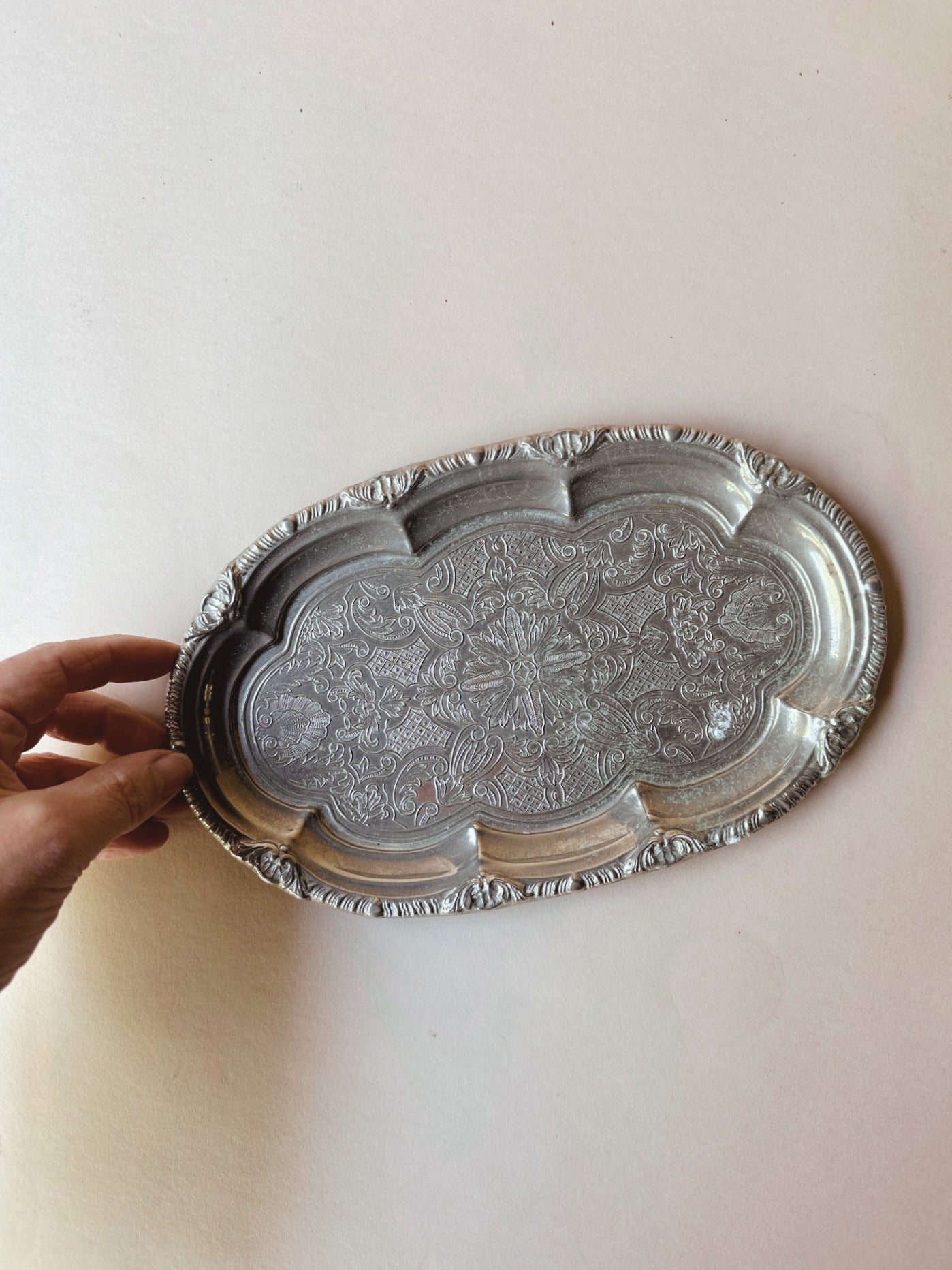 Scalloped silver vintage tray ~ mini