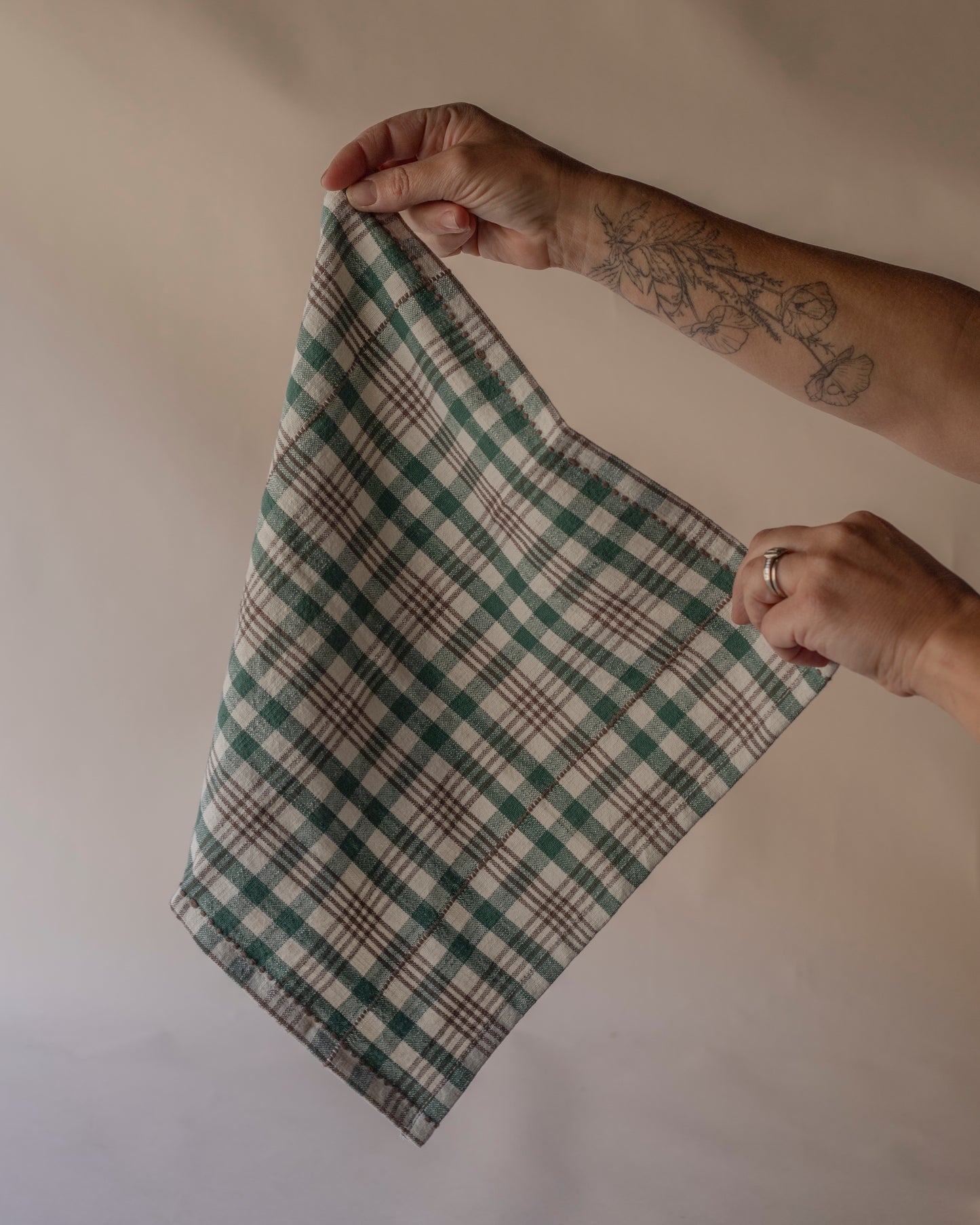 Green & off white check napkins