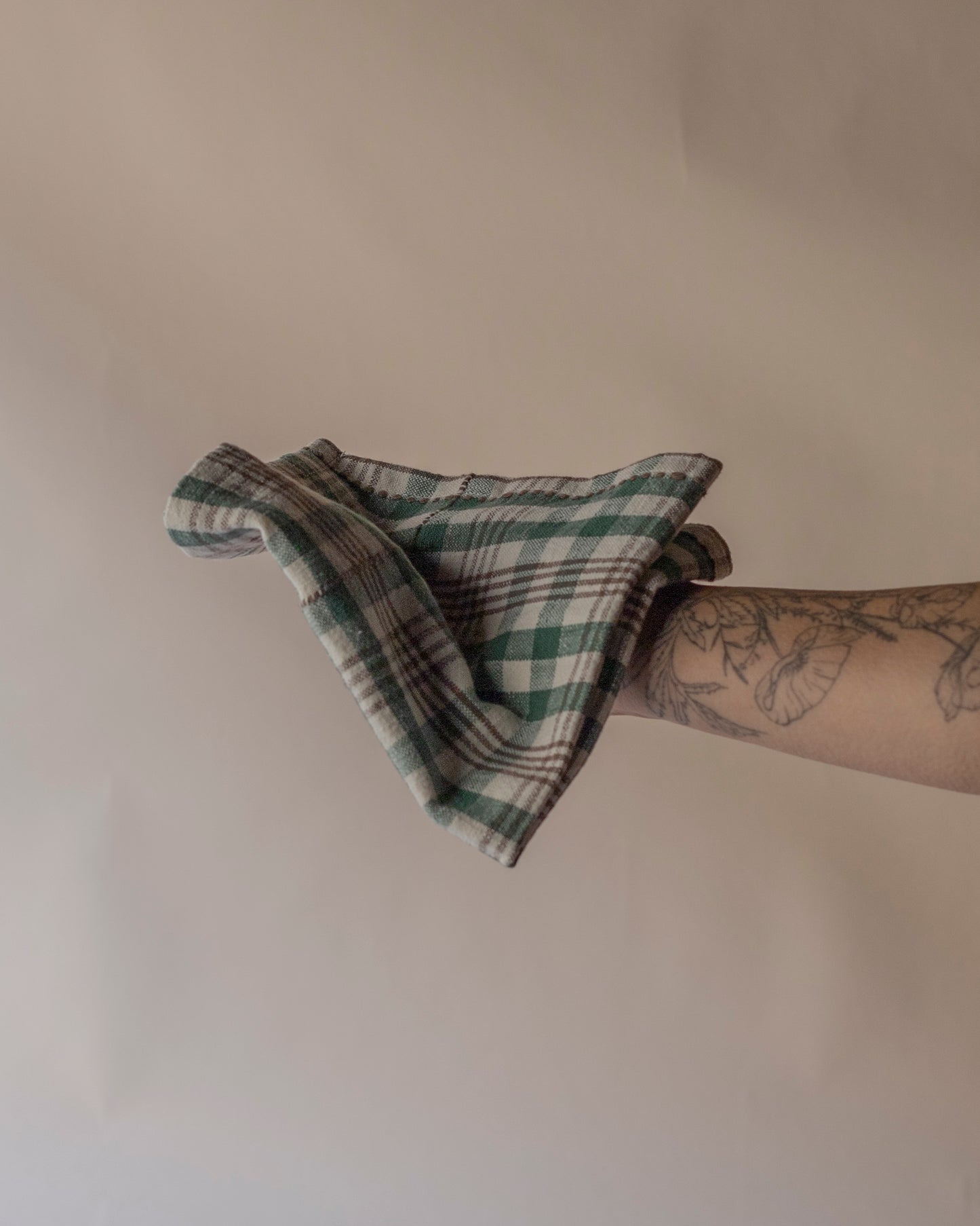 Green & off white check napkins