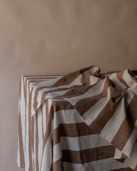 Striped brown and off white  table cloth