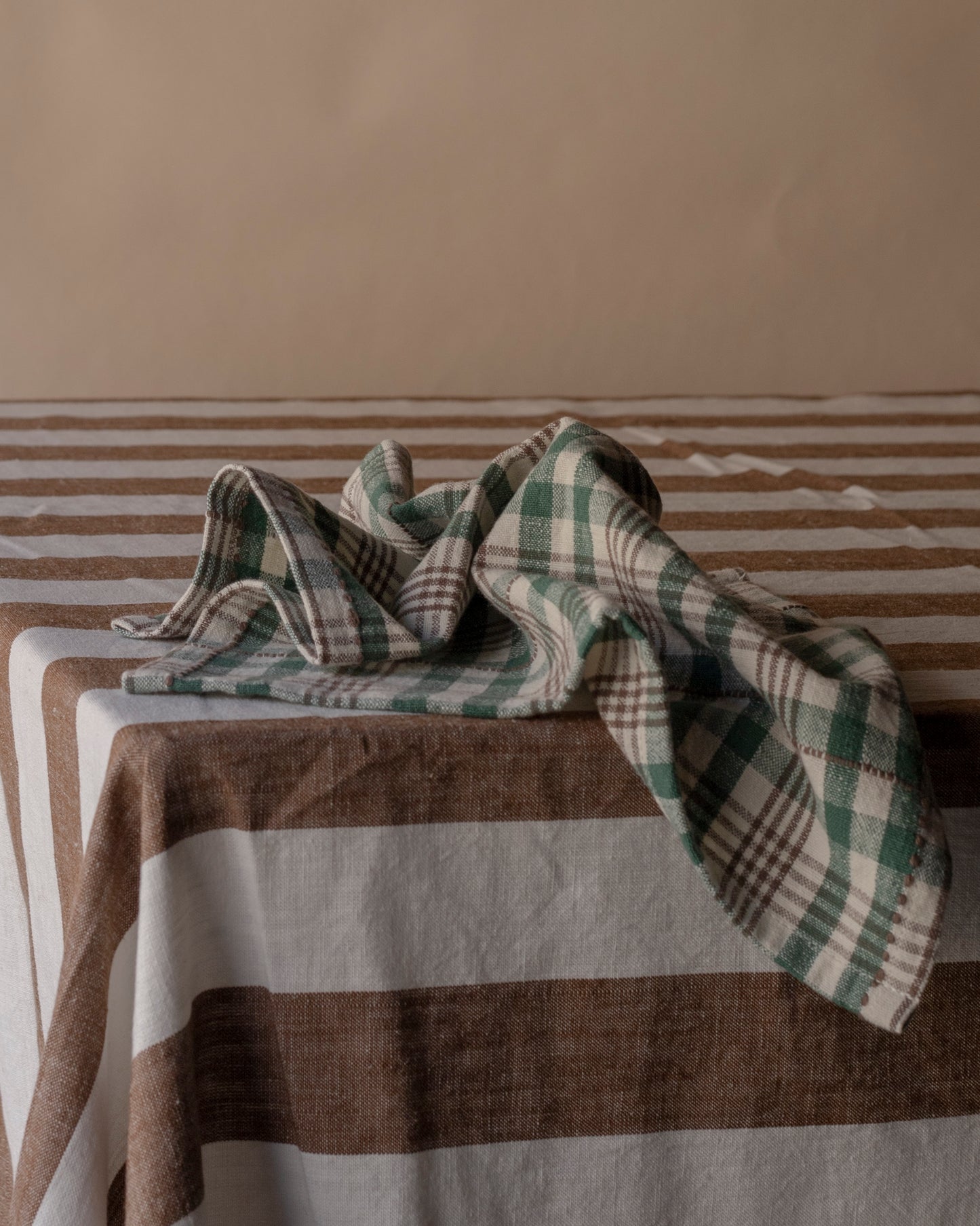Striped brown and off white  table cloth