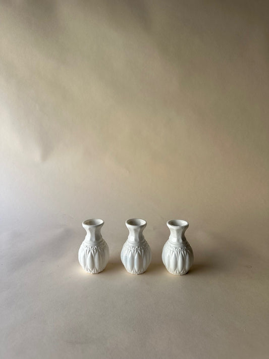 White glass textured bud vases