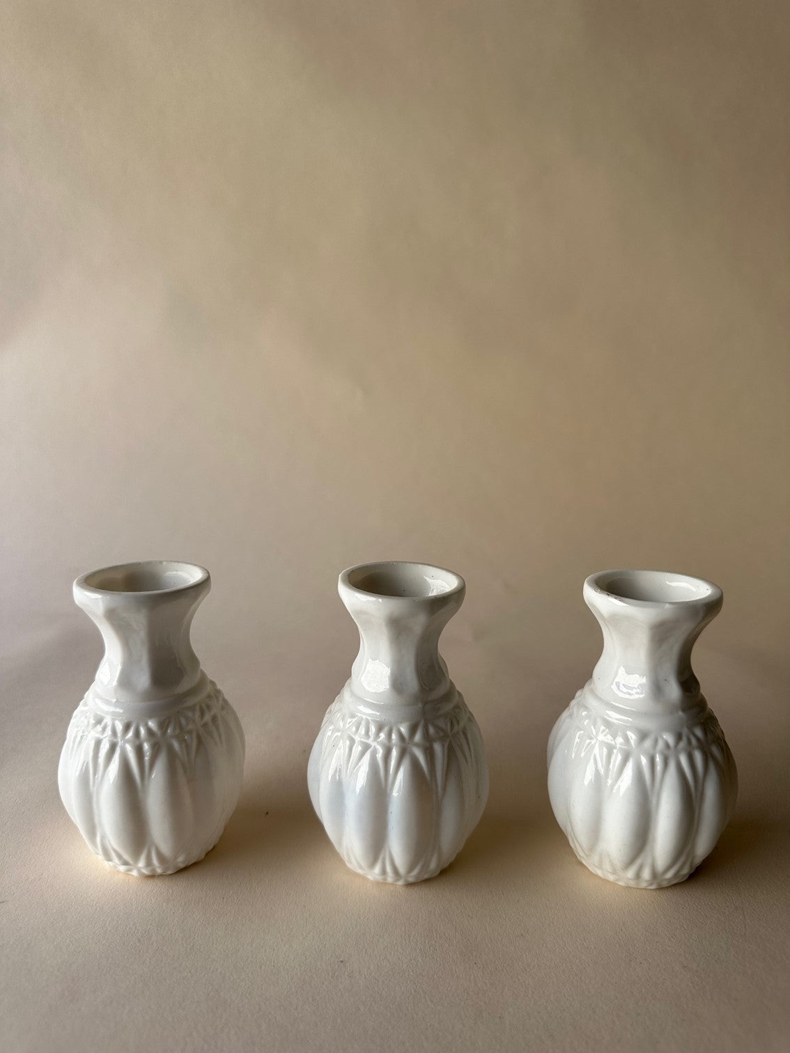 White glass textured bud vases