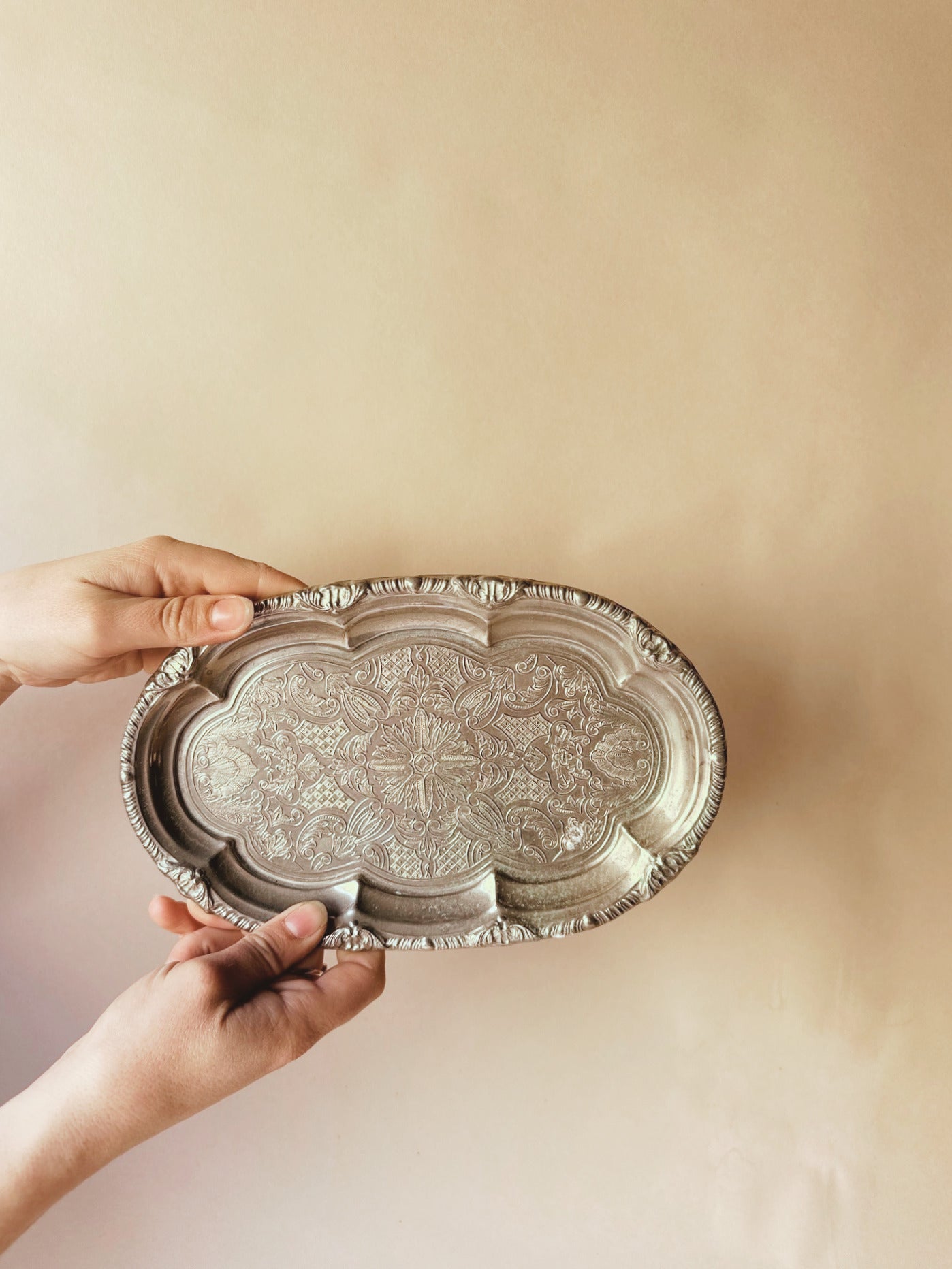 Scalloped silver vintage tray ~ mini